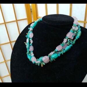 Authentic Turquoise and Rose Quartz Vtg  Necklace - 3 Strand Semiprecious Stone